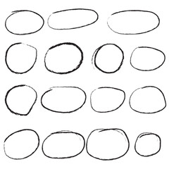 Handdrawn doodle grunge circle highlights. Charcoal pen round ovals. Marker scratch scribble inrounder. Round scrawl frames. Vector illustration of freehand painted circular note