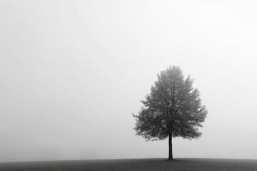 Tree in foggy environment. Solitude and peace concept. Background for wall art, digital content or meditation with copy space