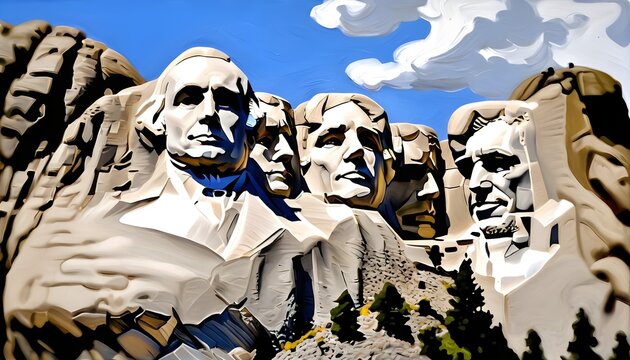 Oil Painting of Mount Rushmore Carved with the Faces of Four American Presidents