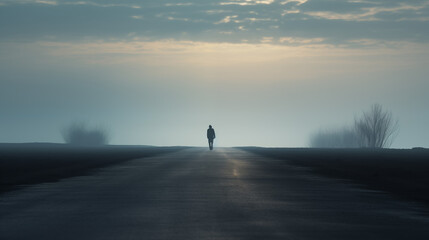 A man on the horizon walking in a foggy day