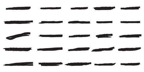 Black Marker Highlighter Lines Set. Pen, pencil or brush hand drawn underline strokes, curves for highlight. Cartoon kid written, eps10