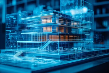 Architectural model of a building with holographic blueprints