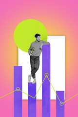 Creative vertical collage artwork illustration of smiling business man watching his company diagram stats isolated on gradient background