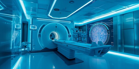 Futuristic MRI scanner room with holographic interface