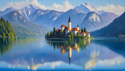 Serene Lake Bled in the Heart of the Julian Alps - obrazy, fototapety, plakaty