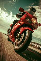 Fototapeta premium A man is riding a red motorcycle in an inland area that has good road quality.