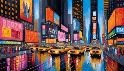 Times Square New York City - A Vibrant and Lively Oil Painting