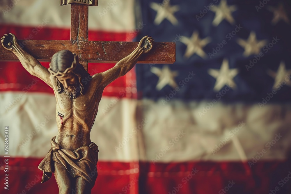 Canvas Prints crucifix of jesus christ and behind it an american flag