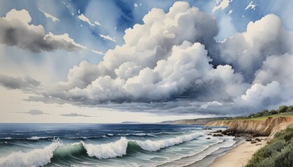 Watercolor Painting of a Coastal Vista with Fluffy Clouds