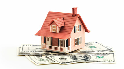 Beautiful small 3D house on banknotes as a concept for selling real estate