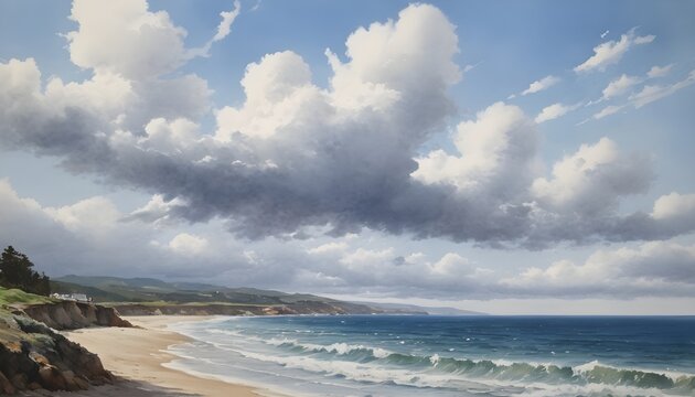 Serenity of the Sea: A Watercolor Painting of a Coastal Vista with Fluffy Clouds
