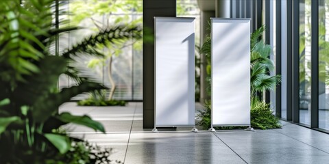 Blank roll up banners in a modern office lobby