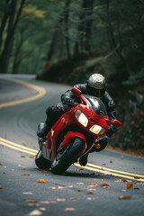 A man is riding a red motorcycle in an inland area that has good road quality.