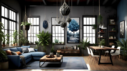 Modern Industrial Loft Sanctuary: Stylish Apartment with Loft-Style Layout, High Ceilings, Urban Charcoal Gray Walls, Industrial Steel Blue Highlights, and Rustic Wood Accents