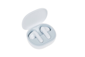 White wireless headphones, isolated. New earphones on white background. New technologies.
