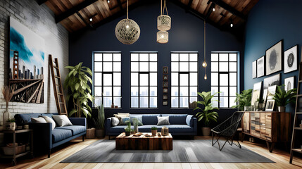Industrial Chic Loft Retreat: Spacious Apartment with High Ceilings, Urban Charcoal Gray Walls, Industrial Steel Blue Accents, and Rustic Wood Touches