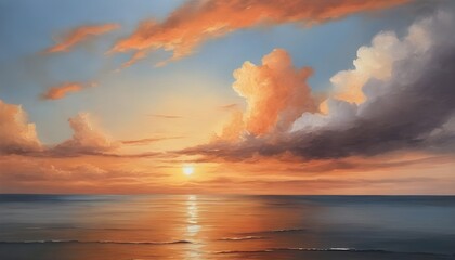Naklejka na ściany i meble Serene Sunset Seascape with Soothing Orange and White Clouds