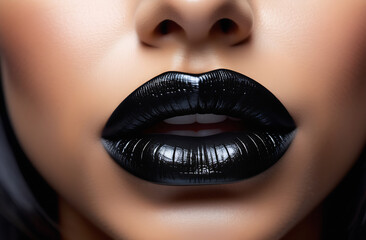Black lipstick on female lips. Body part,