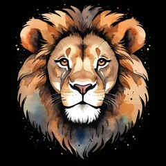 Cute lion head watercolor print on black background for t-shirt