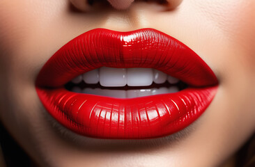 Obraz premium Bright red lipstick on female lips. Beautiful female lips. White teeth. Body part,