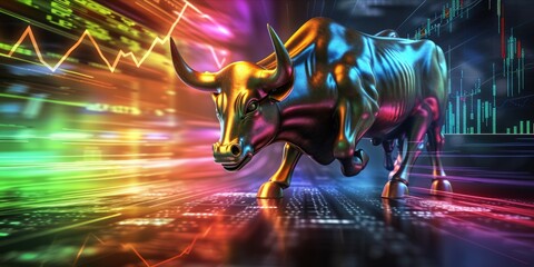 Charging bull against a backdrop of glowing financial charts