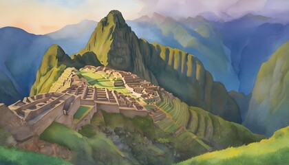 Watercolor Painting of Machu Picchu - its ancient stone structures nestled amidst lush green mountains - kissed by the light of dawn
