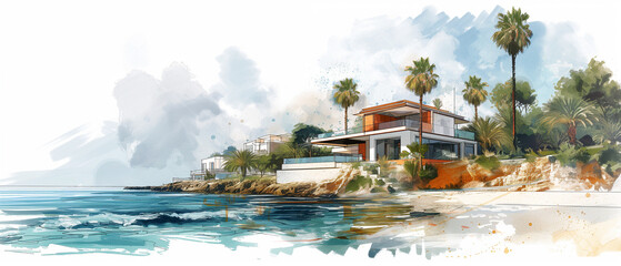 Coastal modern new-built villa drawing. Illustration. Construction, real-estate concept - obrazy, fototapety, plakaty