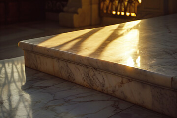 Sun-kissed Marble Platform Highlighting Luxury Products with Golden Hour Light Streaming Through