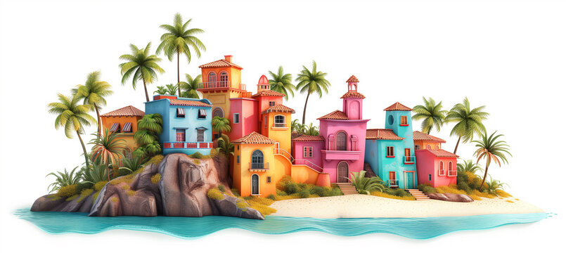 Multicoloured building exterior view and palm trees. Travel and holidays concept