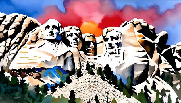 Watercolor Painting of Mount Rushmore South Dakota: A Sunset Panorama