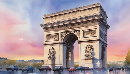 Fototapeta na wymiar Watercolor Painting of the Arc de Triomphe - its grandeur softened by the pastel hues of a Parisian sunset