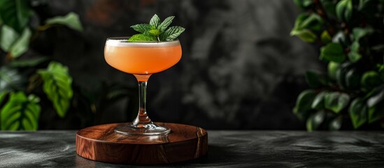 A close-up of a cocktail in a Martini glass with a Classic cocktail, the Red Russian, garnished with a rose, on a table.