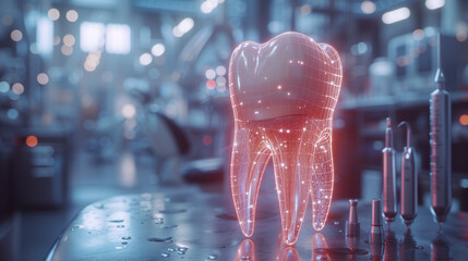 Illustration of modern technology of healthcare dentist, holographic tooth illustration - obrazy, fototapety, plakaty
