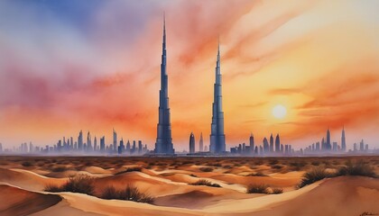 Watercolor Painting of the Burj Khalifa - its sleek silhouette rising into the sky amidst a desert landscape - bathed in the warm hues of a desert sunset - obrazy, fototapety, plakaty