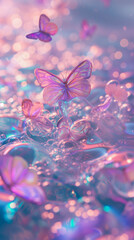Several transparent crystal clear light pink small butterfly in water. Lavender and pink colors. Fairytale background. Perfume advertising concept. Vertical Banner