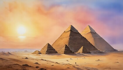 Watercolor Painting of the Pyramids of Giza - their golden sands glowing in the soft light of dawn against the backdrop of a pastel-colored sky