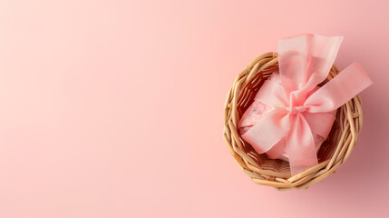 Top view, Postpartum basket on a pink background. New mom and pregnancy gift concept. Baby cosmetic and pacifier in basket. Free space for text, copy space. - obrazy, fototapety, plakaty