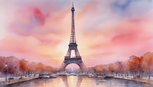 Watercolor Painting of the Majestic Eiffel Tower - Its Steel Frame Delicately Outlined Against a Soft Pink Sunset in Paris