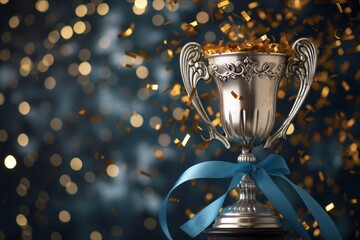 Elegant trophy with golden confetti and a blue ribbon against a bokeh background.