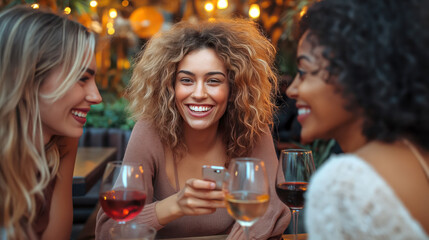 Group of young, beautiful women in a bar at a party or bachelorette party talking and enjoying each other's company