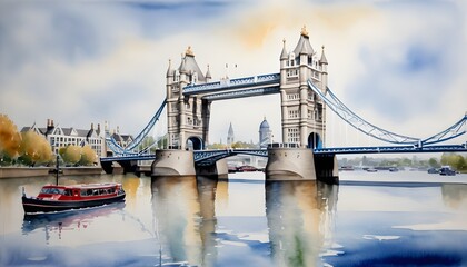 Fototapeta na wymiar Watercolor Painting of Tower Bridge - its elegant arches reflected in the calm waters of the River Thames in London