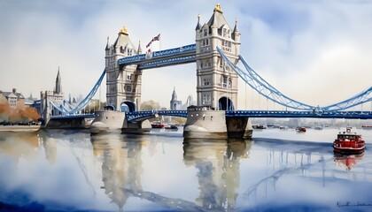 Fototapeta na wymiar Watercolor Painting of Tower Bridge - its elegant arches reflected in the calm waters of the River Thames in London