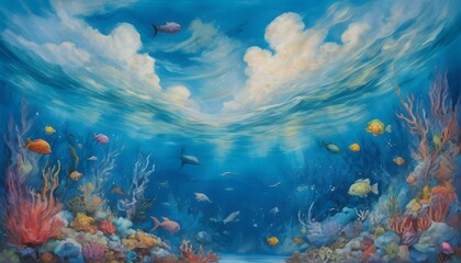 Fototapeta na wymiar Whimsical Underwater World: A Mixed-Media Sea Painting with Wispy Clouds