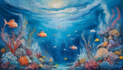 Obraz na płótnie Canvas Whimsical Underwater World - Mixed Media Sea Painting with Wispy Clouds (2).jpg