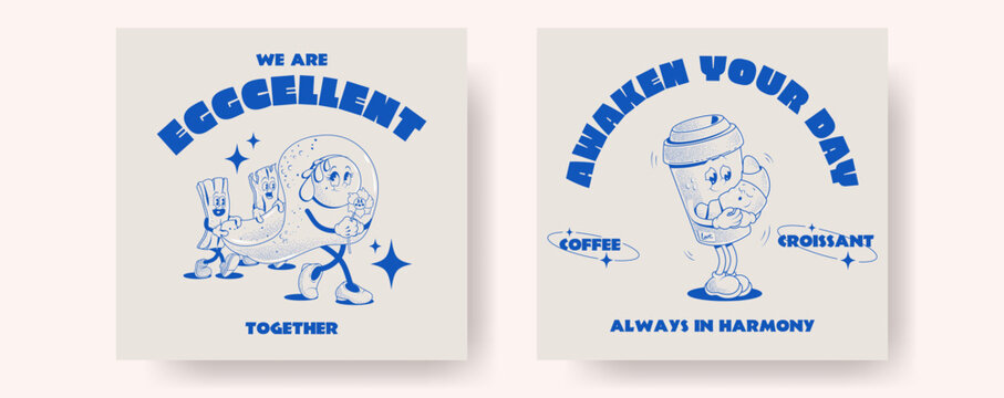 Retro menu posters or cards for bar and cafe. Walking funny cute comic characters. Lettering illustration for t-shirt print dot texture . Egg and bacon, coffee and croissant. Monochrome blue color