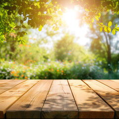 Naklejka na ściany i meble Wooden table top with sunny forest background. 