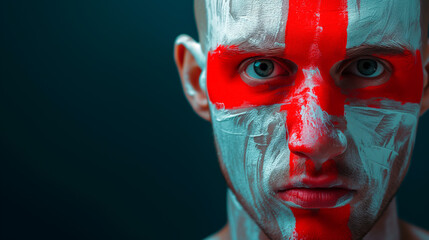 English soccer fan with face paint, intense portrait.