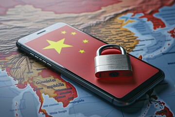 a chinese flag on a smart phone, a map of china and a padlock