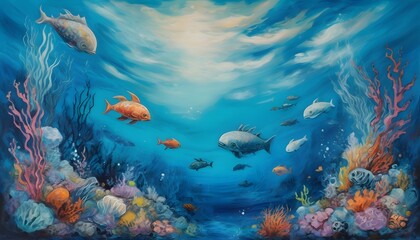 Obraz na płótnie Canvas Whimsical Underwater World - Mixed Media Sea Painting with Wispy Clouds