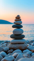 Zen stones stack on pebble beach at sunset.